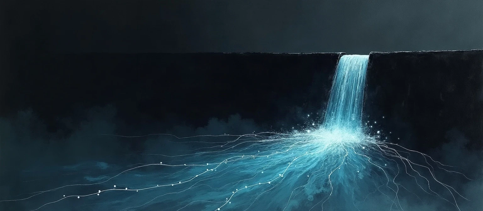 An abstract ink illustration of a dark flood of water held back by a wall, with a single controlled glowing teal-cyan waterfall released through a narrow gap, rippling outward into thin circuit-line traces, representing deliberate guardrails placed on an AI SDR's output.