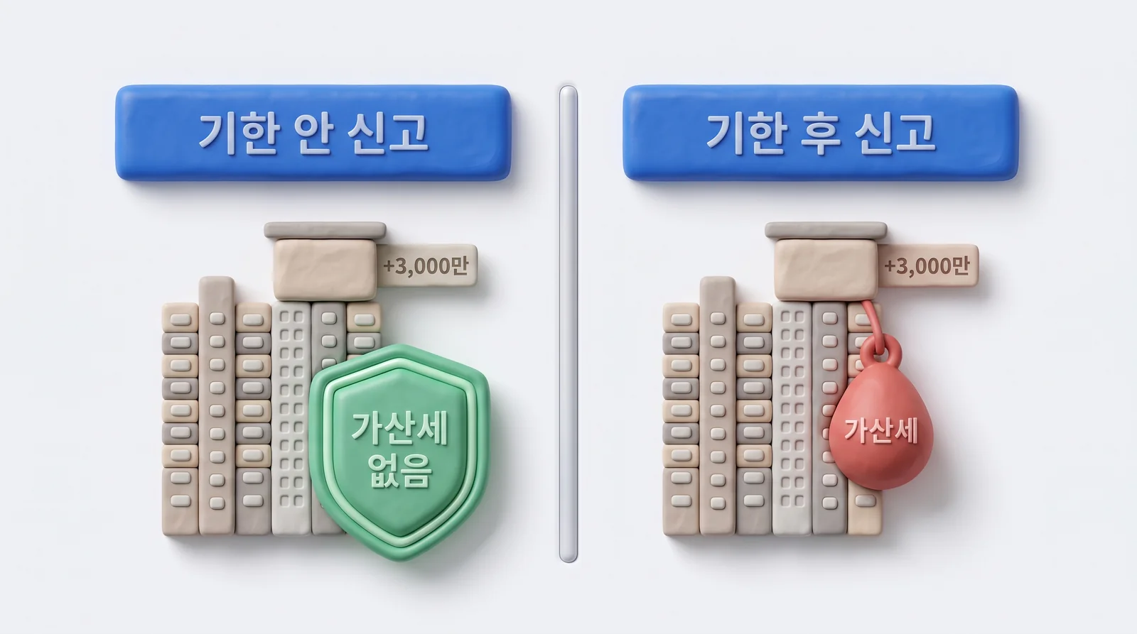 감정가로 상속세가 3,000만 원 늘 때 기한 안 신고는 가산세 없음, 기한 후 신고는 가산세가 붙는 비교