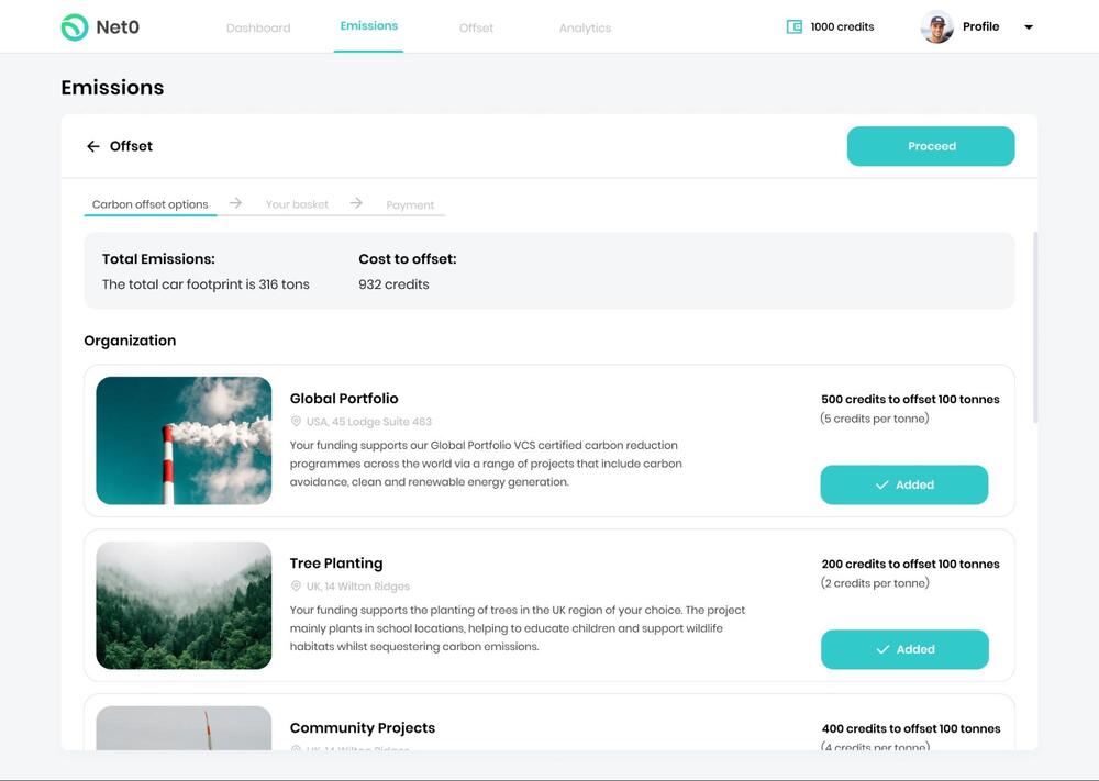 list of carbon offsetting options on software platform