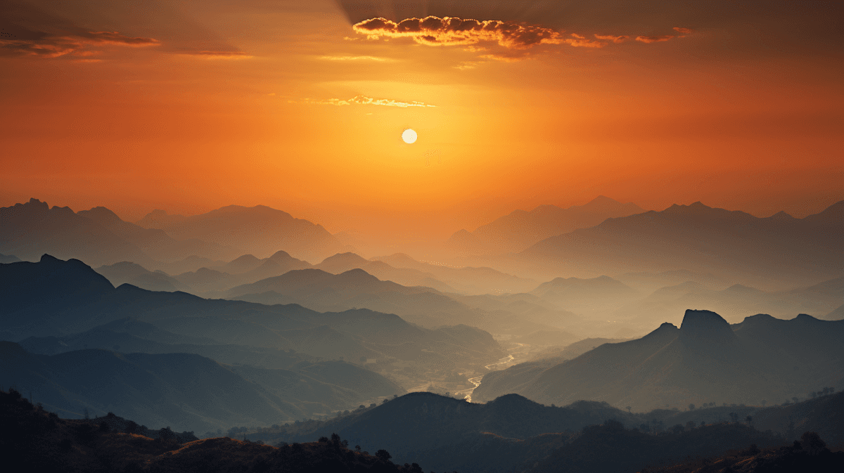 A breathtaking panoramic view of a mountain range at sunset, featuring layers of hills bathed in warm orange and golden hues beneath a vibrant sky with the sun setting on the horizon.