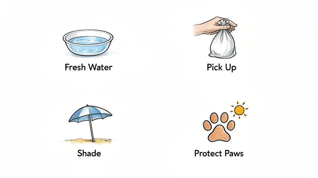 Four illustrated tips for dog care: provide fresh water, pick up waste, offer shade, and protect paws.