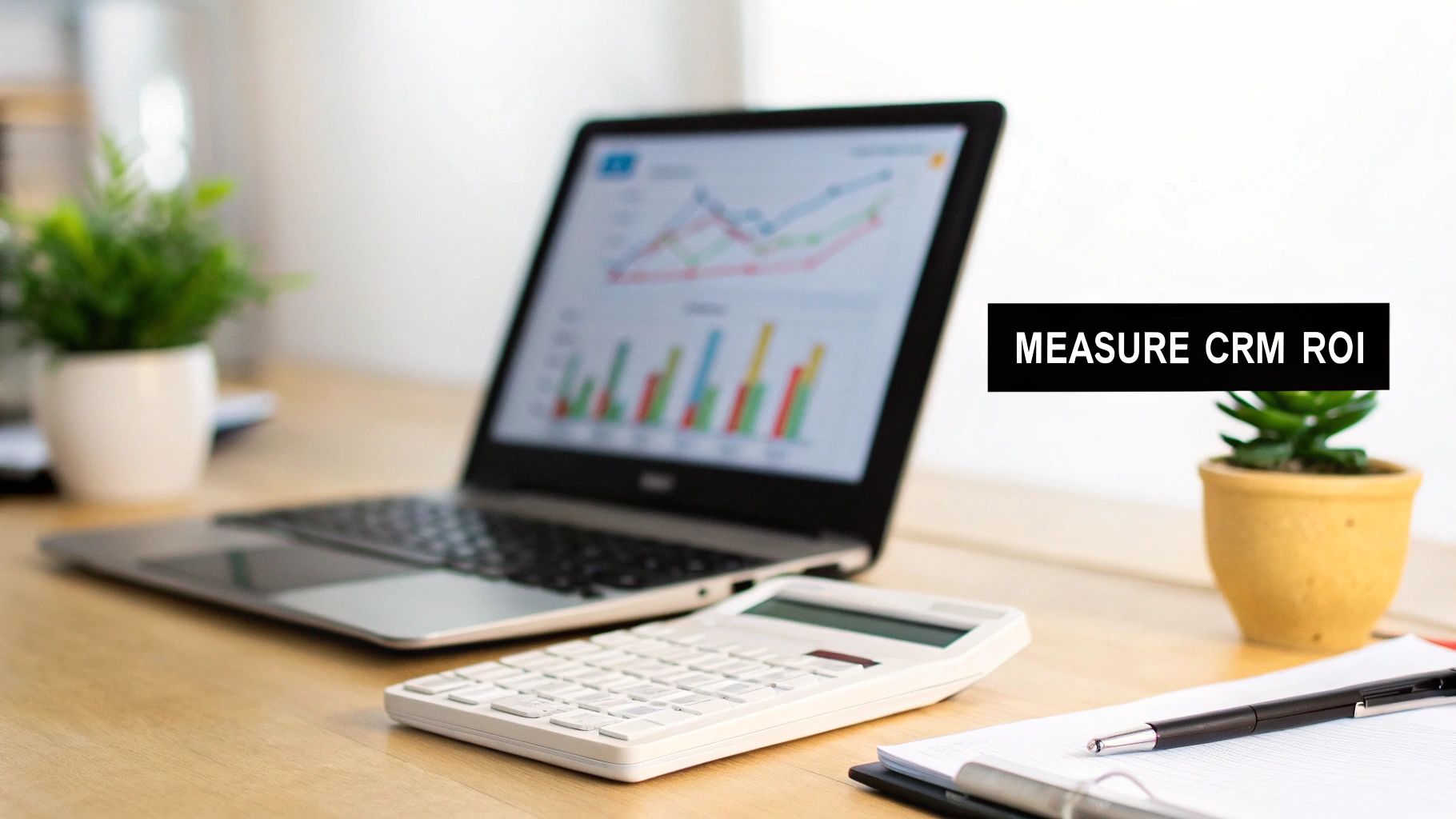 A desk with a laptop displaying charts and graphs, a calculator, and a text overlay 'MEASURE CRM ROI'.