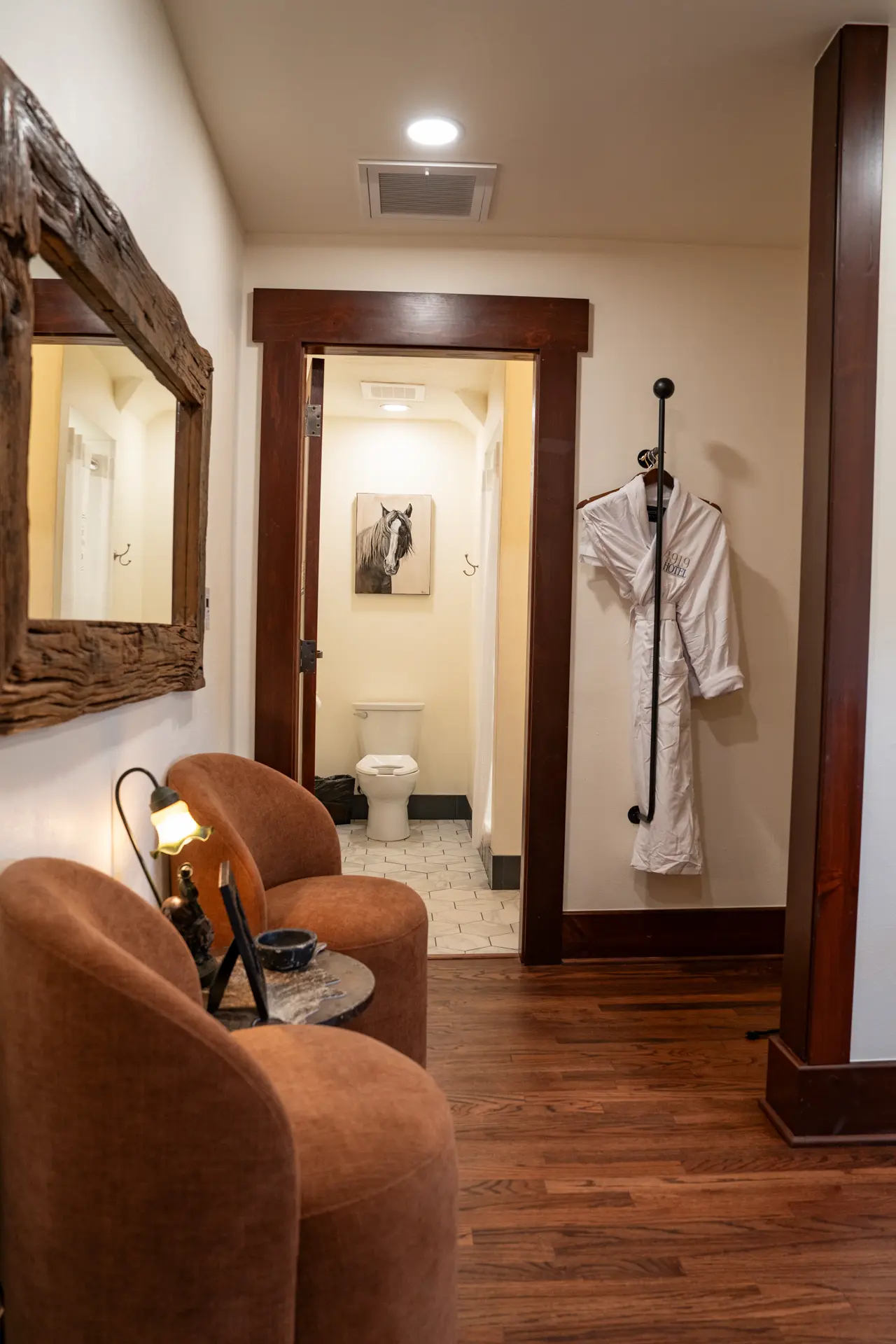 Bathroom entrance with hexagon tile floor
