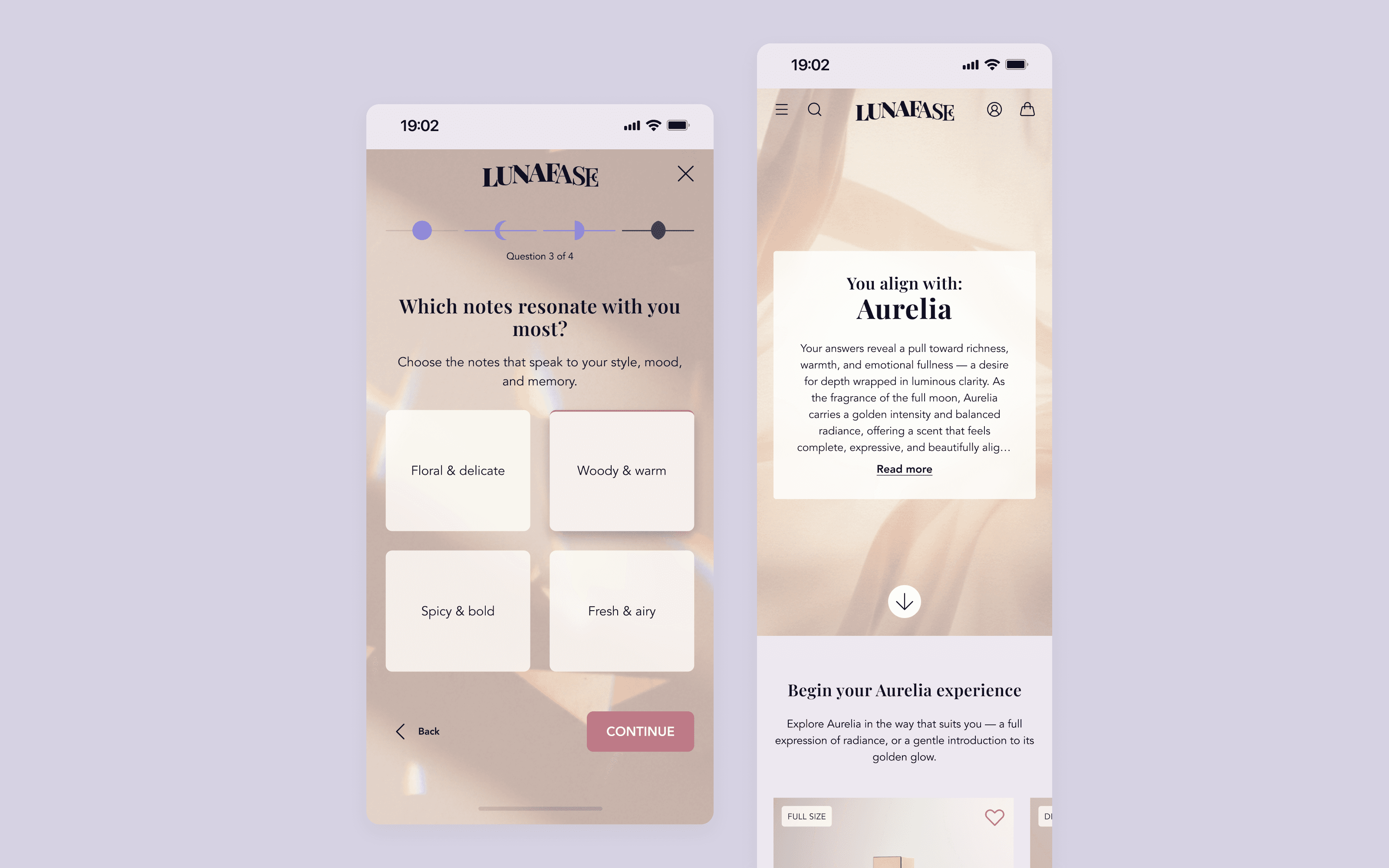 Fragrance quiz question and results screens