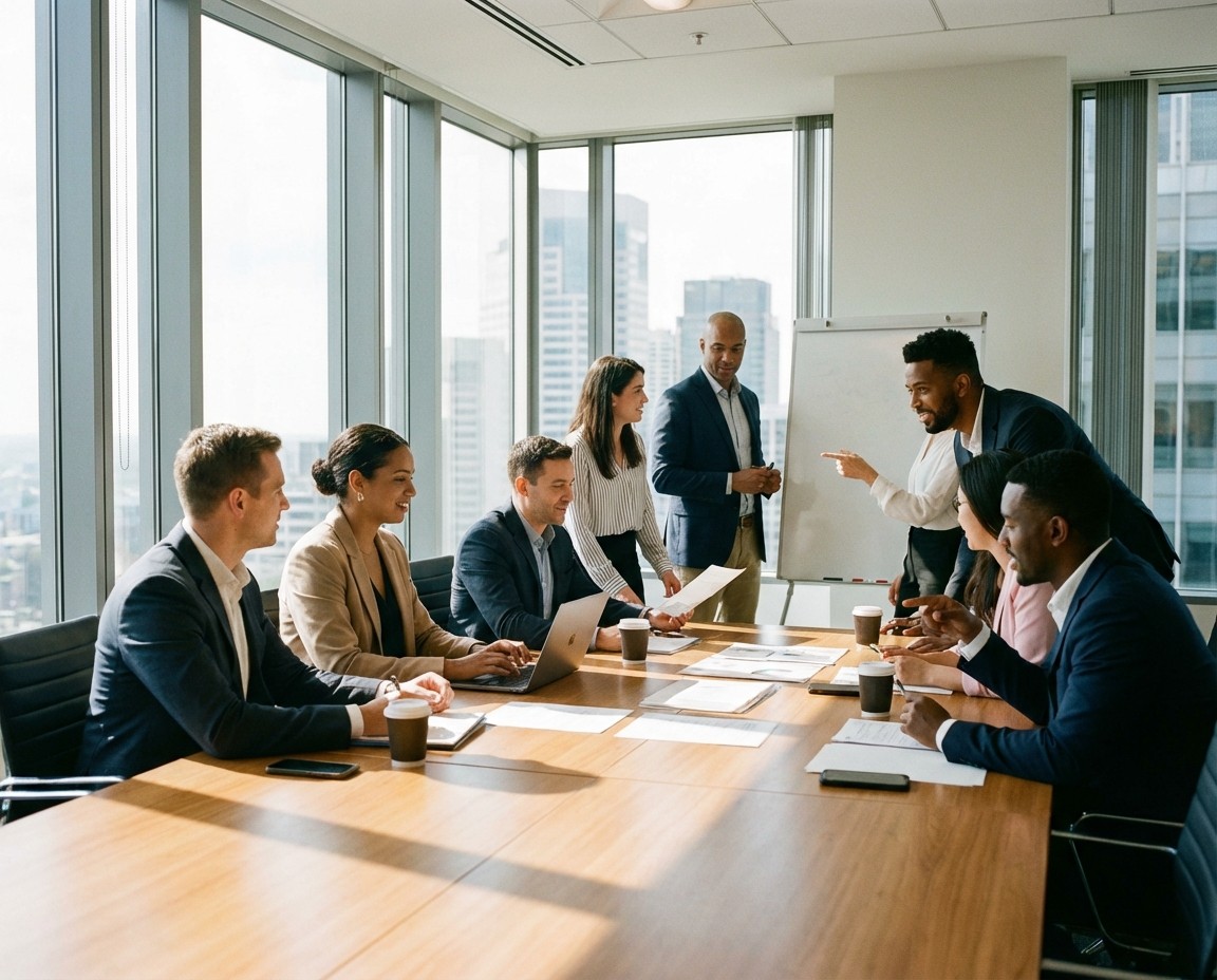 Law firm partners discussing brand strategy and positioning in meeting room