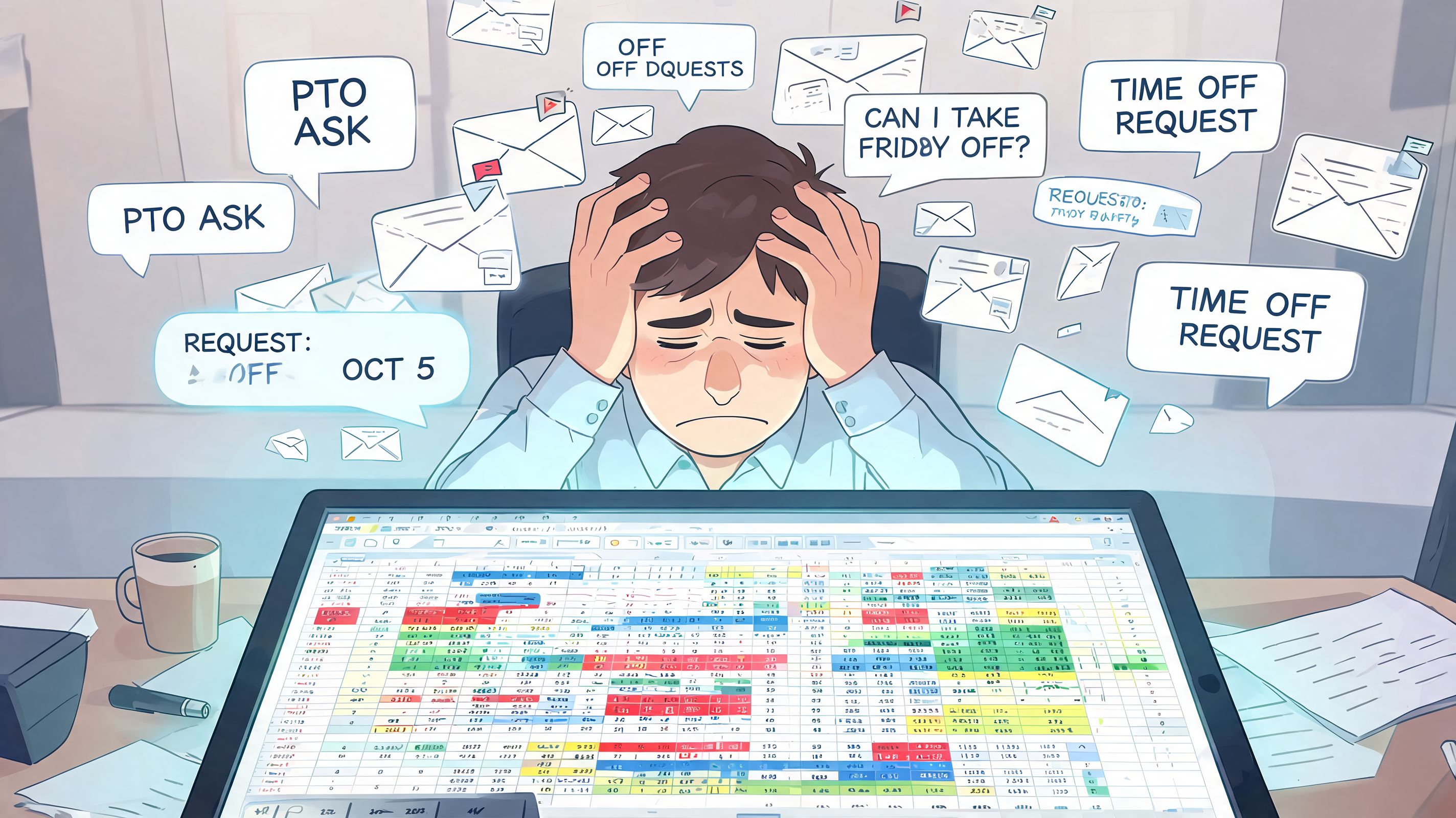 Stressed office worker overwhelmed by numerous time off and PTO requests floating around their computer screen.
