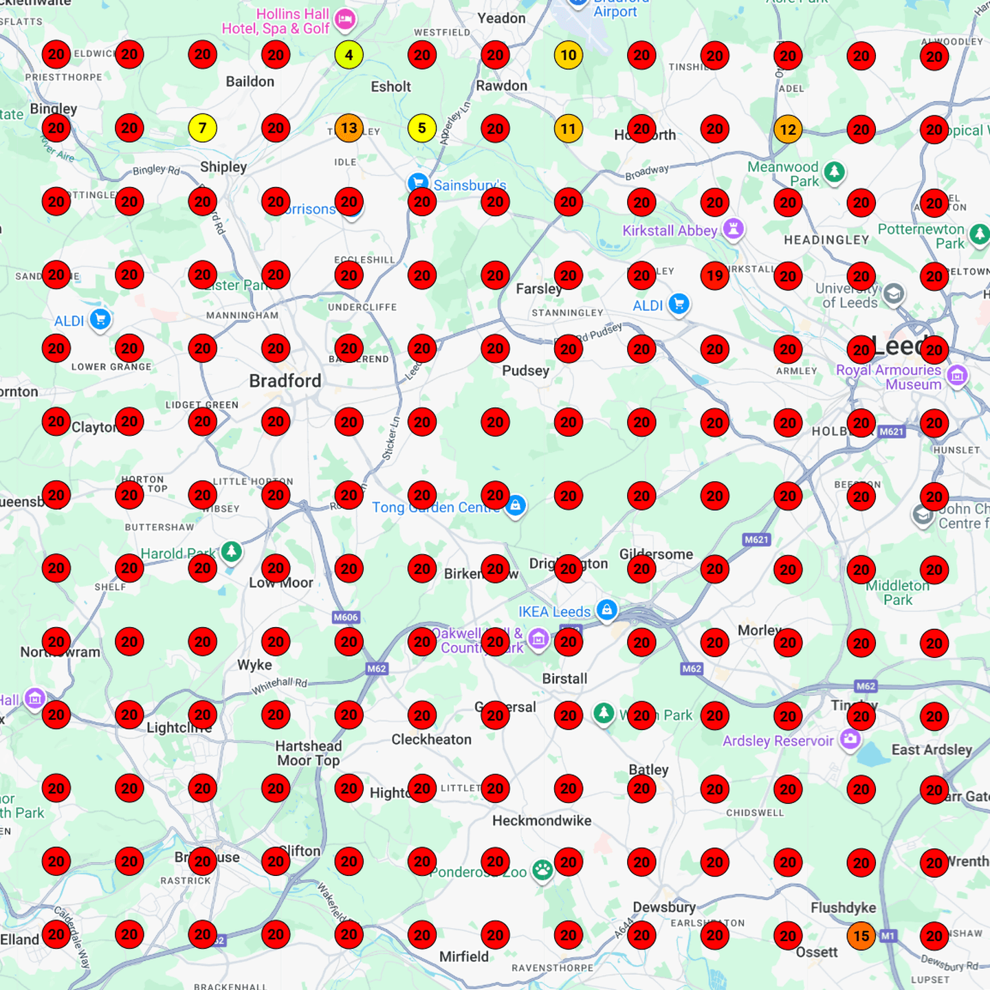 Map scan on 18 December 2025 for boiler installation in Bradford, with the top three taken by other firms across the grid