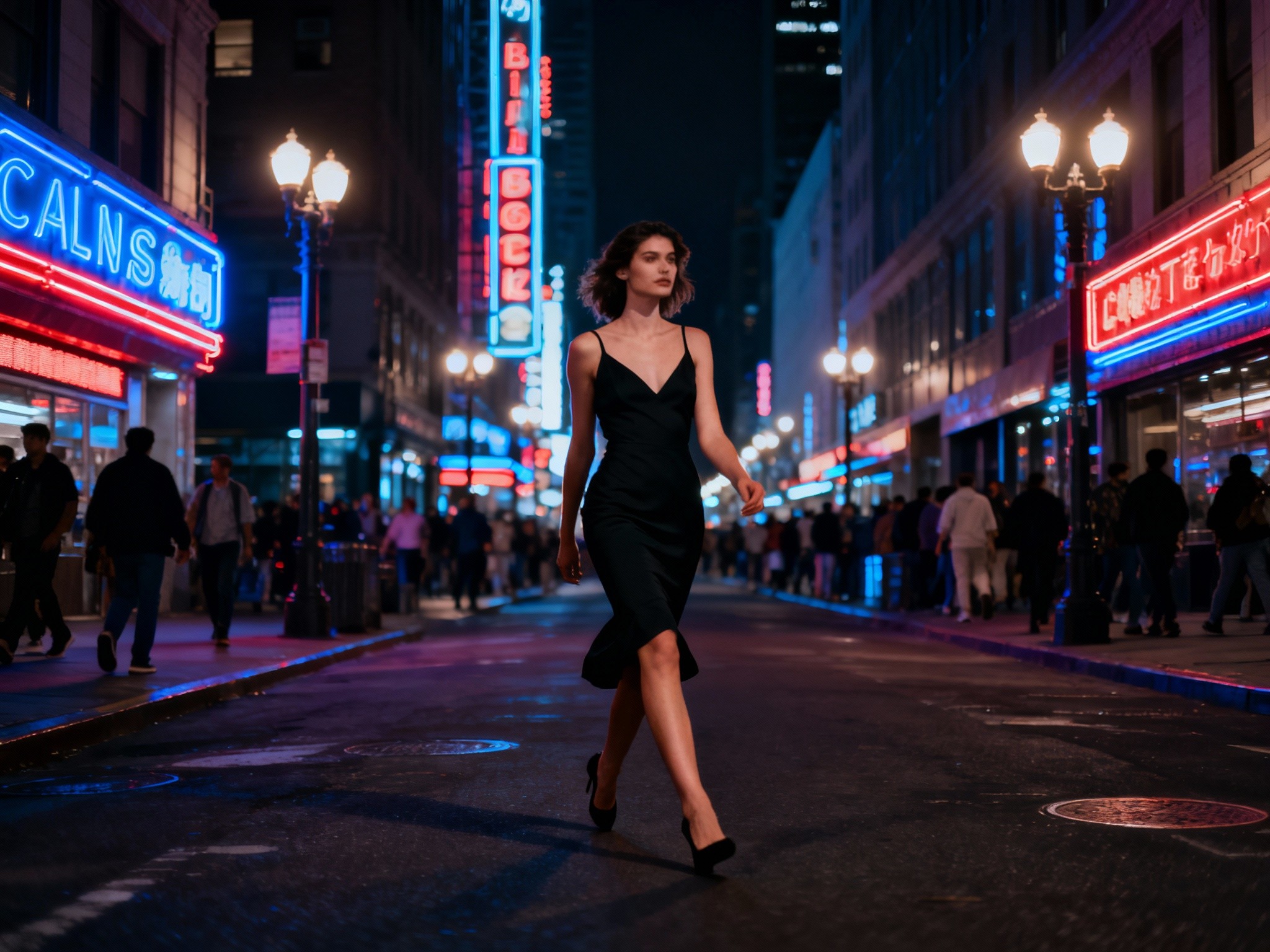 An editorial-style photograph in a frame featuring a model in a sleek black dress walking through a