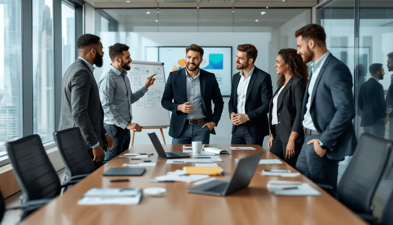 A diverse team of Canadian business professionals collaborates in a modern office, showcasing a blend of cultures and expertise. They are engaged in discussions about leveraging AI voice agents to enhance customer interactions and streamline operations within their sales and marketing departments.