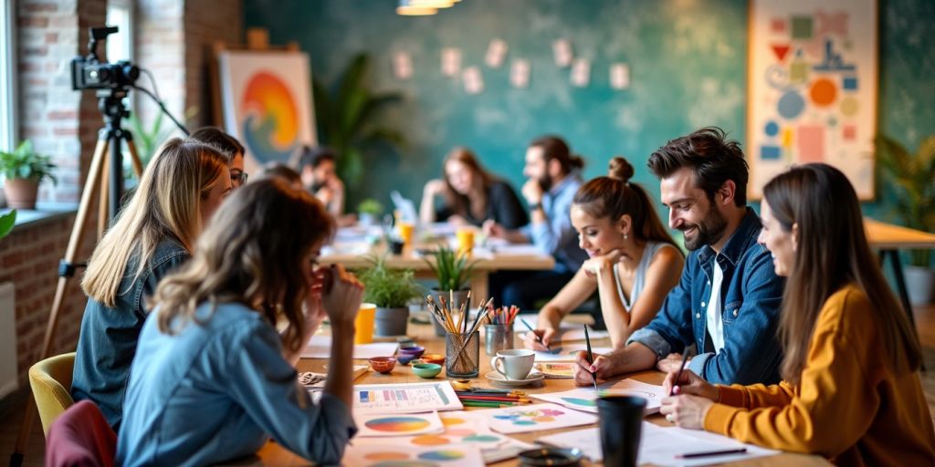 People engaged in creative activities in a modern workspace.