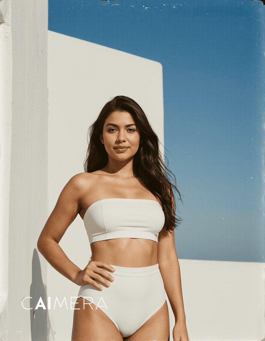 Elegant white minimalist two-piece swimwear against bright white architecture and clear blue sky, creating a clean summer aesthetic