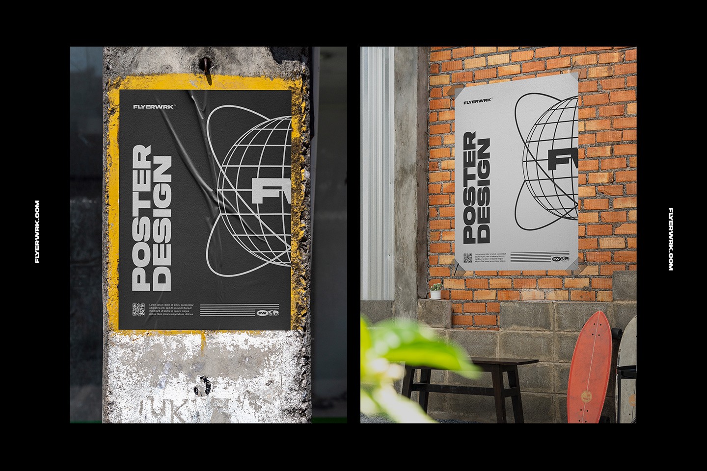 Urban poster wall mockup placed on orange brick wall in outdoor environment