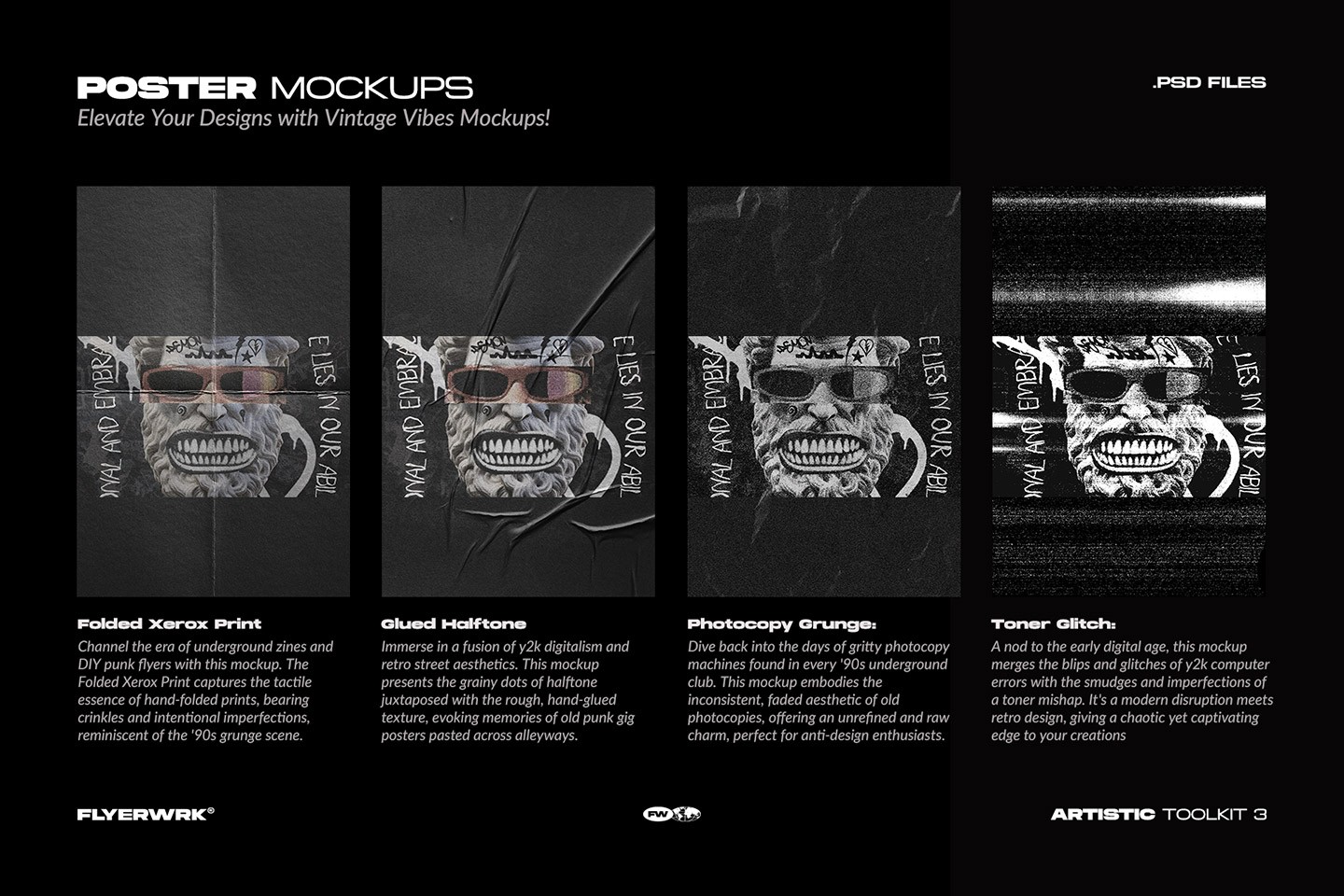 Artistic Toolkit 3 vintage photocopy poster mockups with folded paper textures