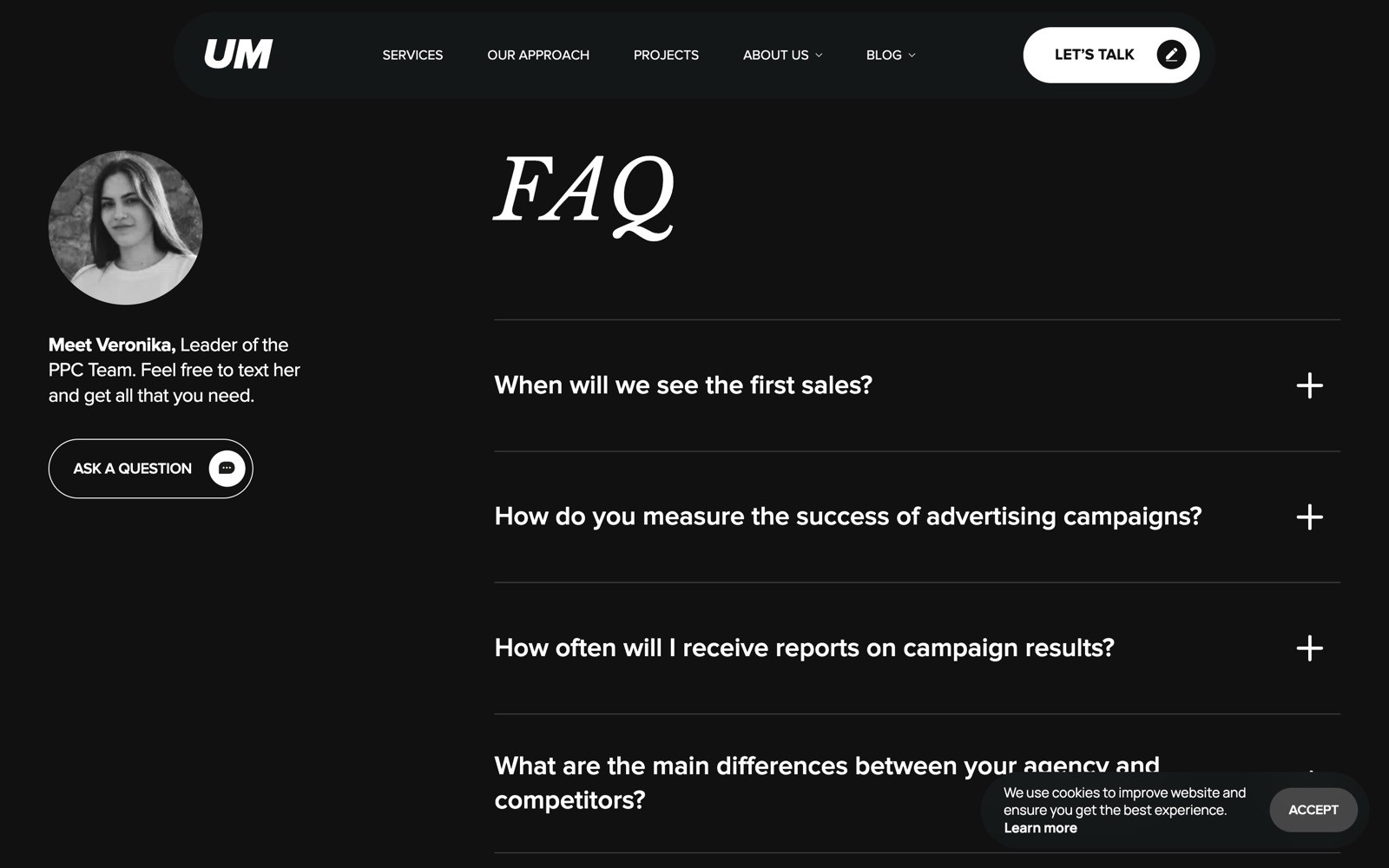 FAQ page with a profile photo of Veronika, PPC Team Leader. Questions listed about sales, advertising campaign success, reports, and competitors.