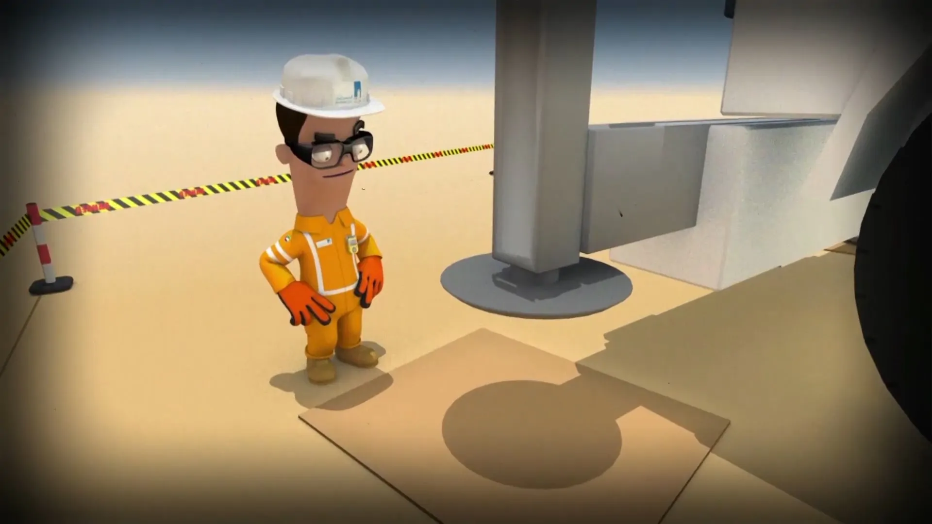 3d health and safety animation character looking at ground