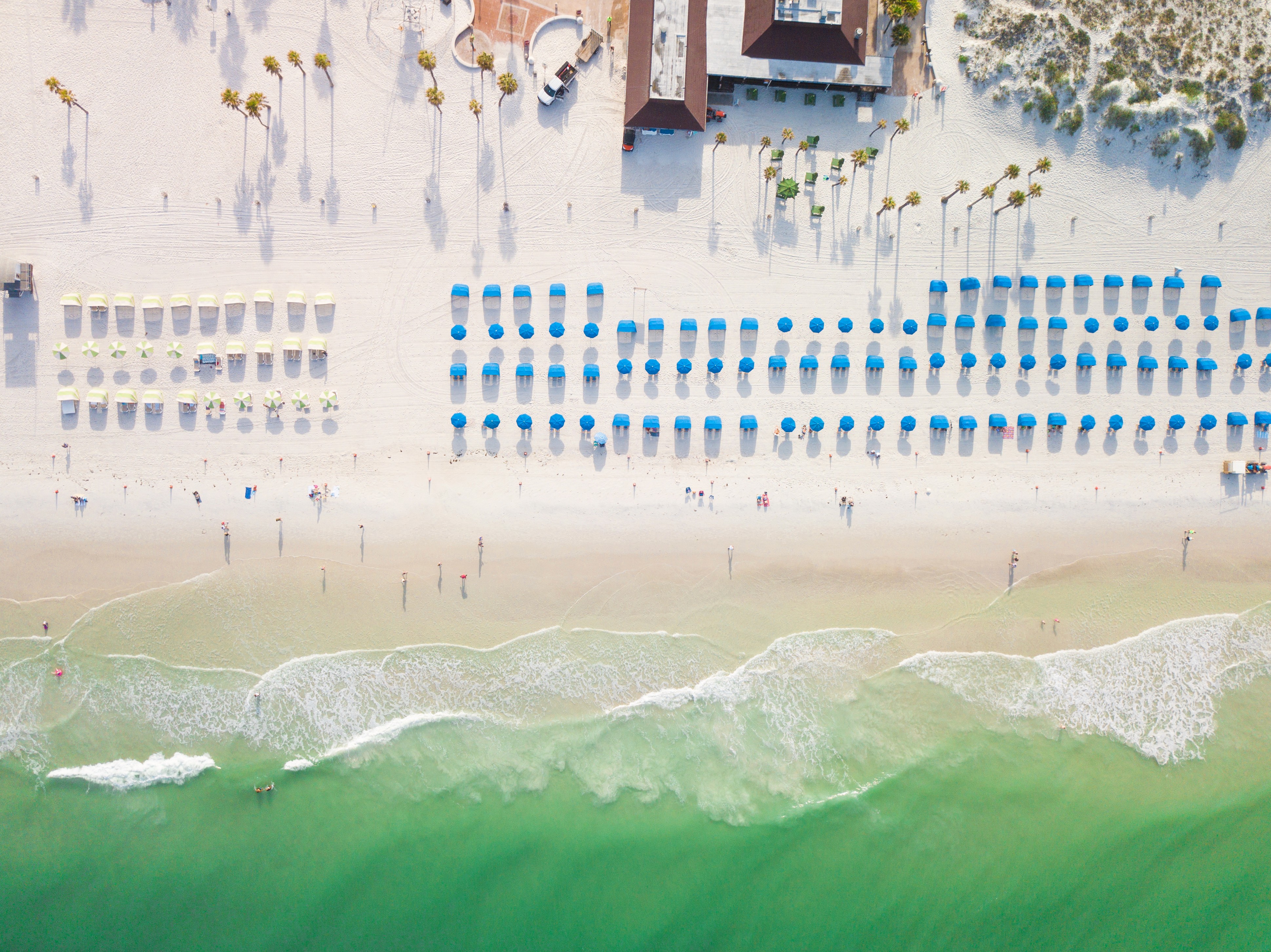 An aerial view of the white sandy shores of Clearwater Beach, Florida