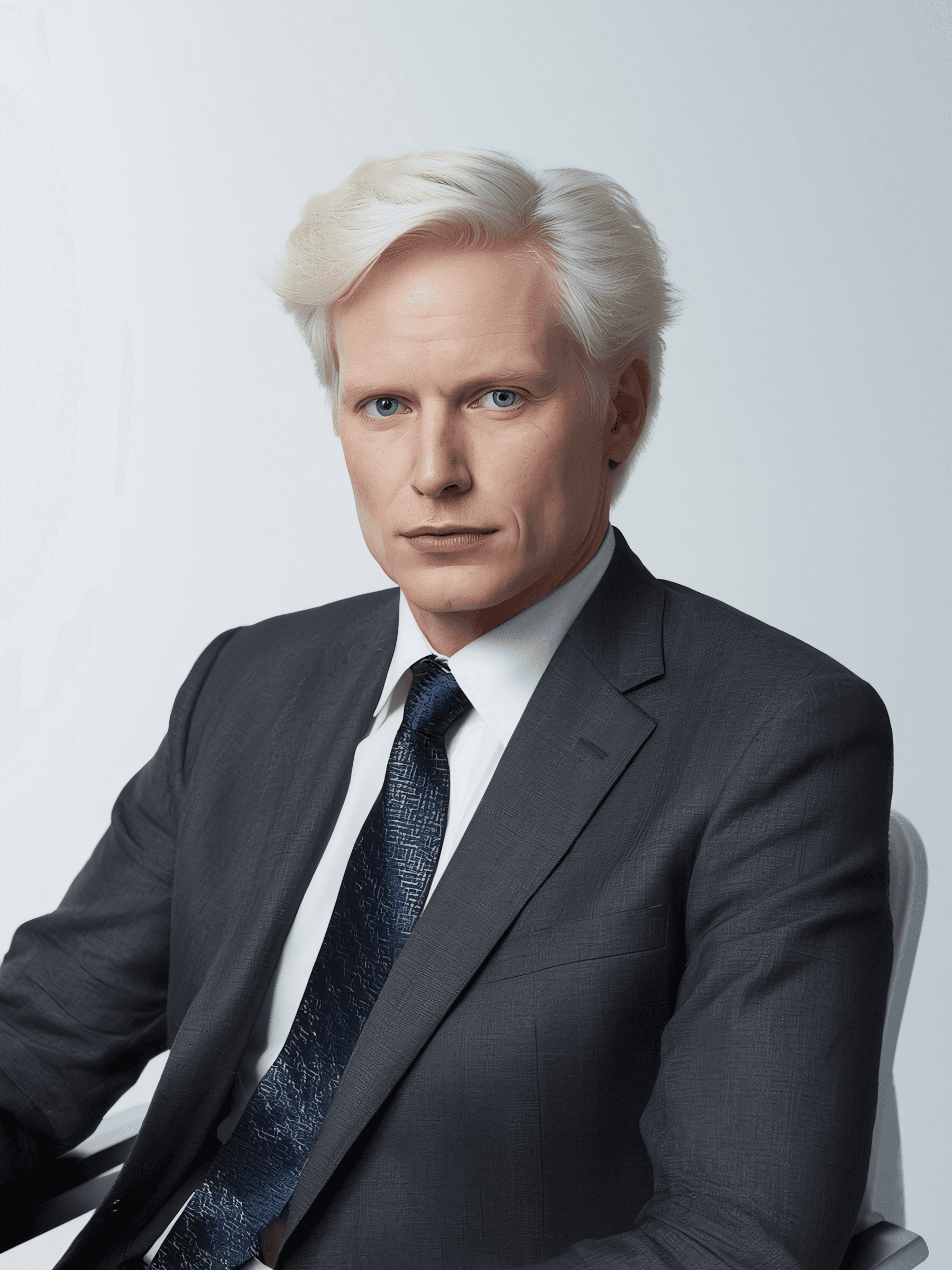 Professional portrait of a man in a dark suit and blue tie, with light blonde hair and a serious expression, seated against a plain background.