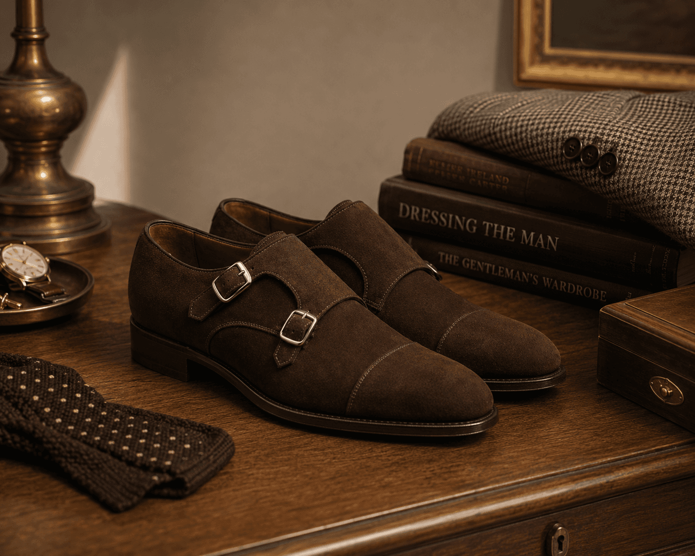 A pair of dark brown suede double monk strap dress shoes featuring silver buckles on a polished dark wood desk. The refined menswear scene includes stacked hardcover books titled "Dressing the Man" and "The Gentleman's Wardrobe", a folded patterned jacket, a knitted brown tie with polka dots, a brass lamp, a valet tray holding a gold watch, and a wooden valet box under warm lighting.
