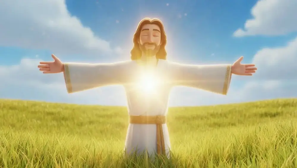 Scene 13: Jesus with arms wide open as golden light bursts from his chest