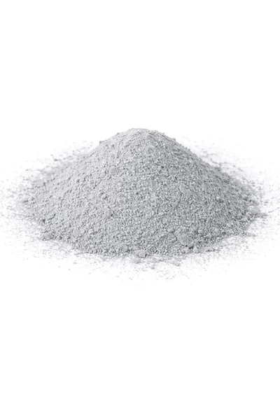 A small mound of fine, gray powder resembling zinc on a white background