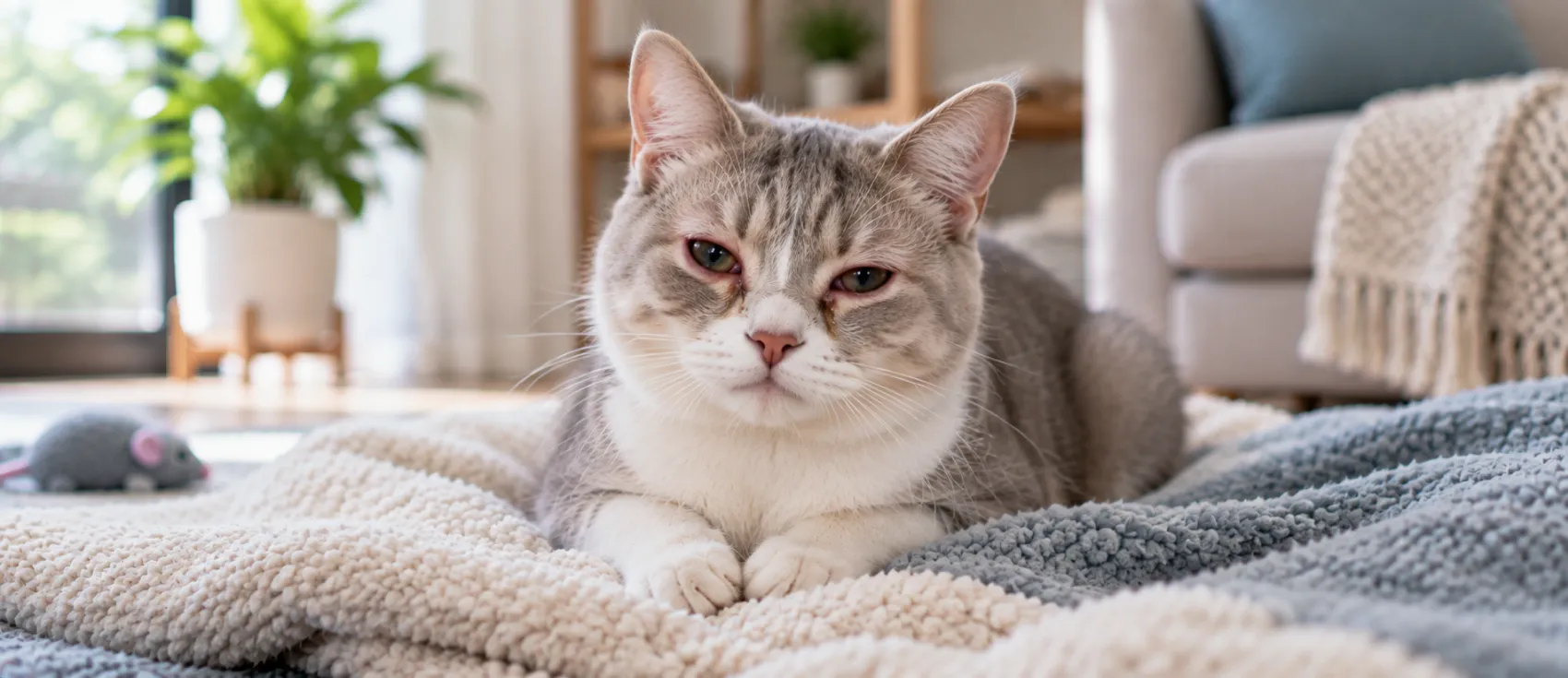 A grey tabby cat rests on a blanket with visibly red, irritated eyes.