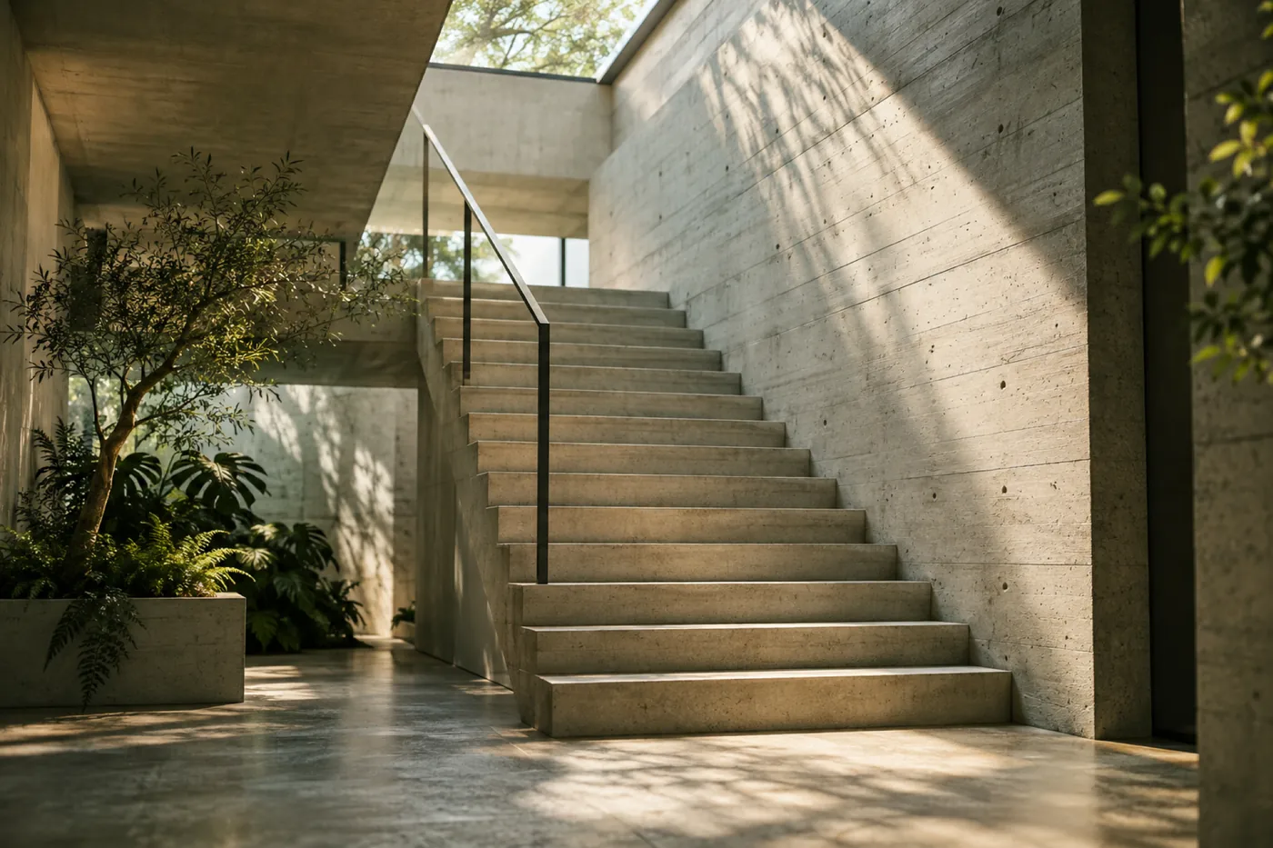 Concrete staircase in a bright stairwell