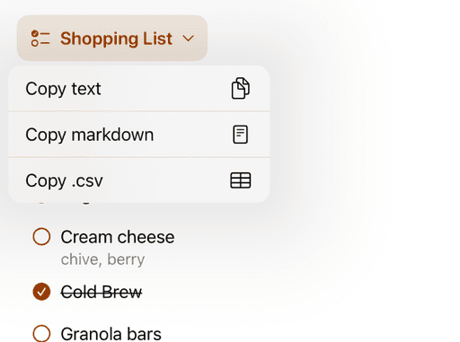 Mobile app screen showing the list option with options to copy text, markdown or .csv for pasting into other apps.