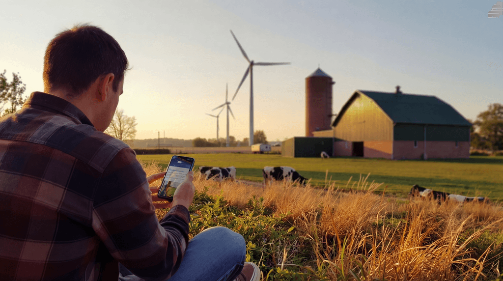 Man in een hollands landschap met een telefoon in zijn hand