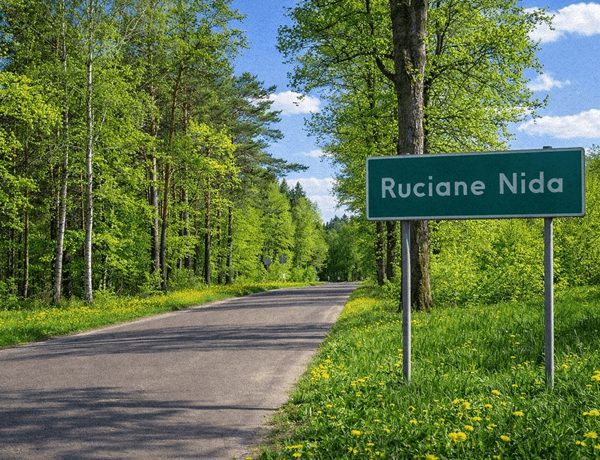 Znak Ruciane-Nida przy drodze w lesie