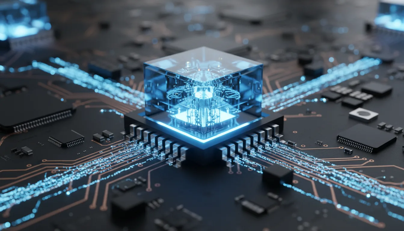 Macro 3D render of a futuristic, glowing blue CPU with a glassmorphism material, set on a dark, complex motherboard. The central processor radiates a vibrant blue light, illuminating the intricate, matte-black circuit board around it. Streams of blue light particles, representing data flow, race along the electronic pathways with a slight motion blur. The scene features cinematic contrast and soft global illumination, with a shallow depth of field that keeps the processor in sharp focus against a blurred bokeh background. Blender style.