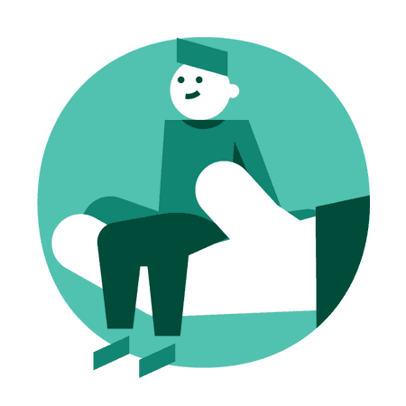 Icon of a man sitting on a huge hand symbolising that the person is taken good care of. Very simple vector design in green tones with some white.