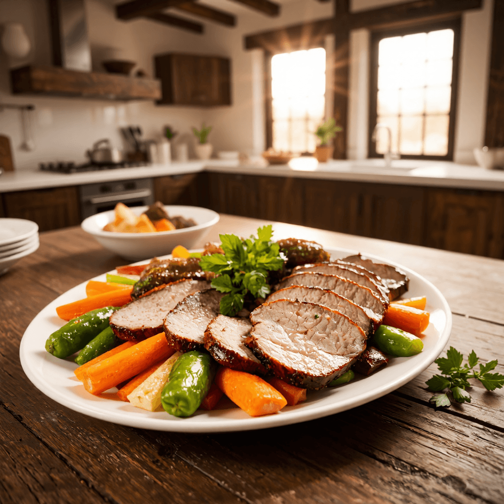 product photography of a plate of sliced roasted meat with vegetables
