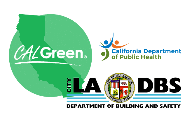 Logos representing the LA Department of Building and Safety, CAL Green, and the California Department of Public Health, each governing distinct aspects of building compliance requirements.