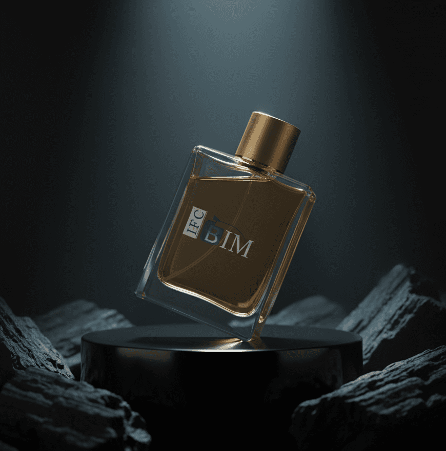 Modern men's cologne bottle with a gold cap on a black stand. The bottle has the text "IFC BIM" on it.