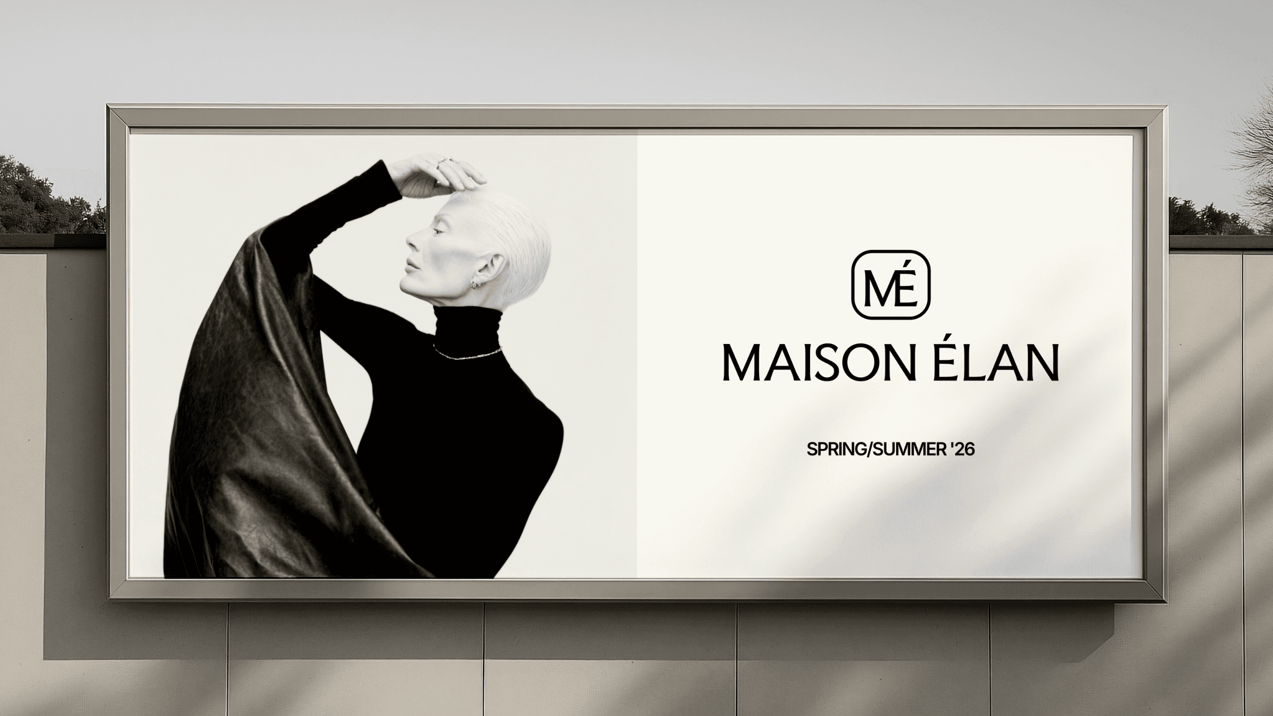 A Maison Élan billboard featuring an image of a woman and the brand logo.