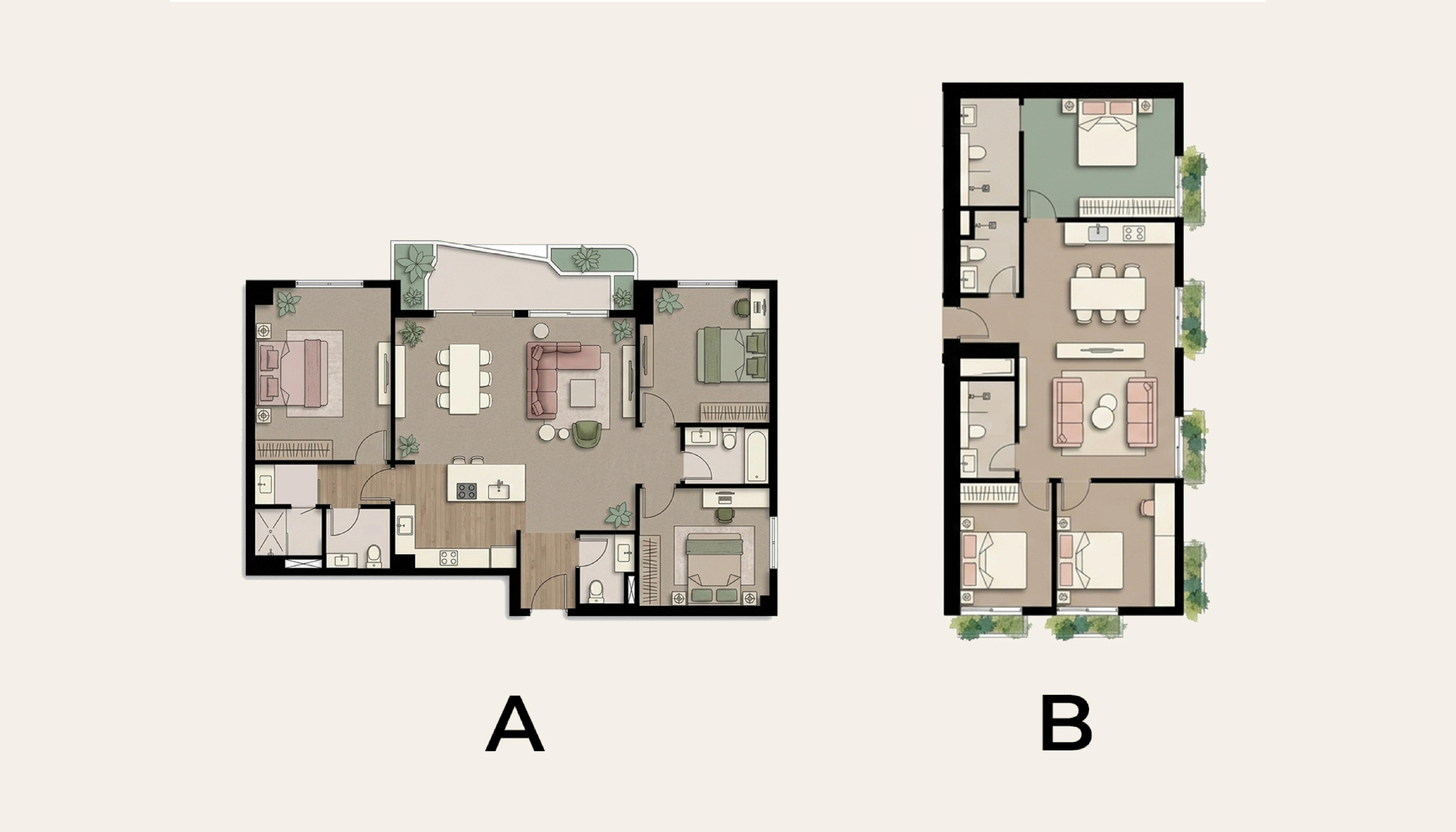Side-by-side comparison of two three-bedroom apartment floor plans, labeled Layout A and Layout B, illustrating similar residential layouts and amenity allocations