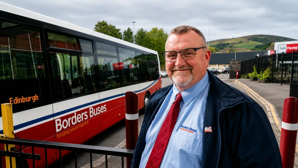 Borders Buses employee standing beside a bus at a depot in the Scottish Borders.