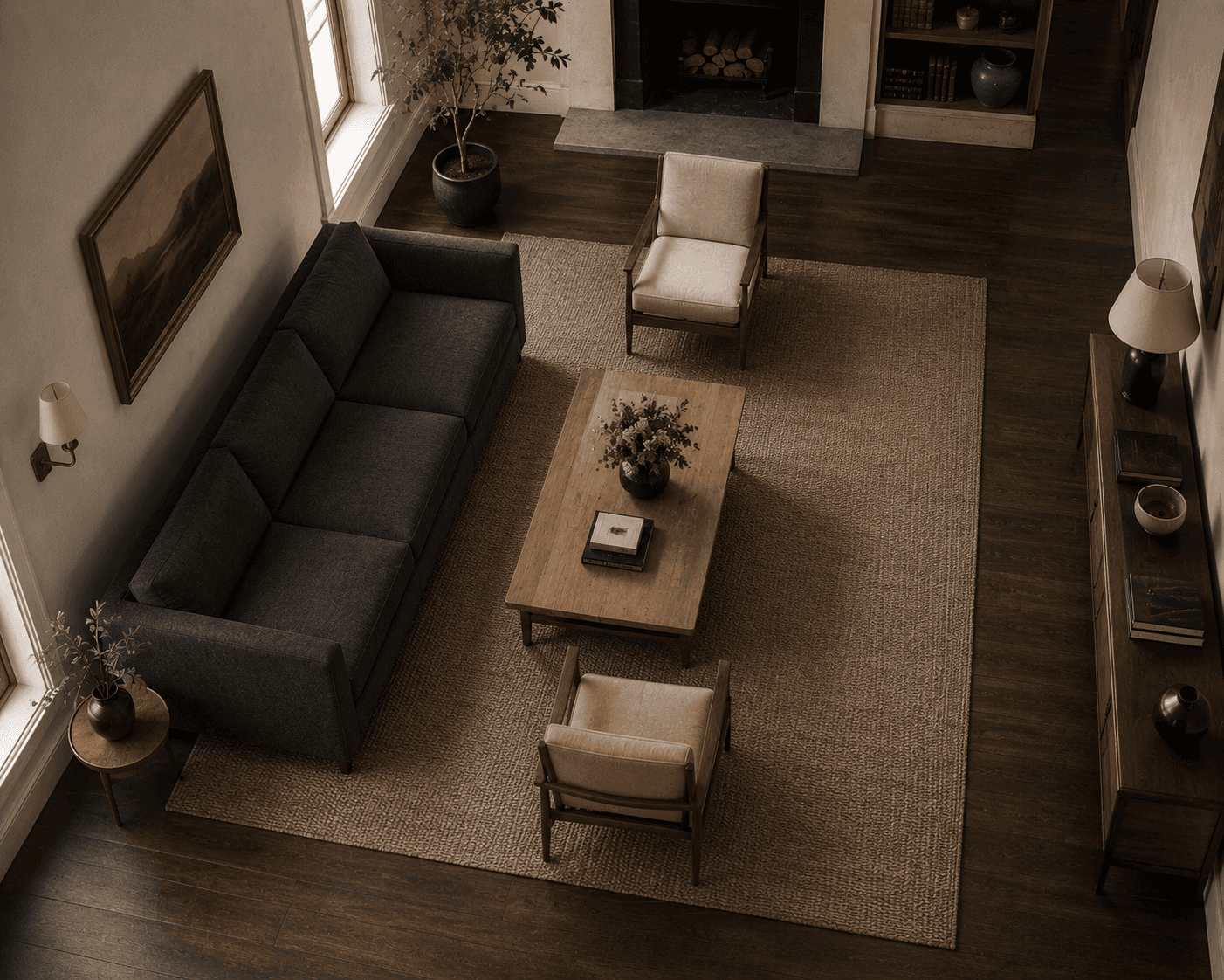 A high-angle, top-down perspective of a spacious living room with dark hardwood floors. In the center, a large textured tan sisal area rug grounds the main seating arrangement. A long, dark gray or charcoal fabric sofa is positioned on the left side, facing two beige upholstered armchairs with wooden frames on the opposite side. Between them sits a long, rectangular oak coffee table decorated with books and a dark vase containing leafy green stems. A dark wooden sideboard console tables runs along the right wall, and a fireplace with stacked logs is visible at the far end of the room.