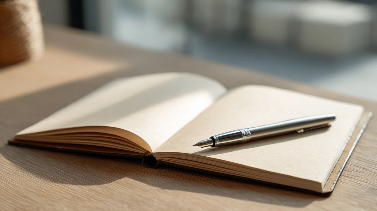 Open journal with a pen on a desk.