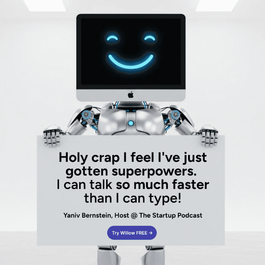 Testimonial ad creative showing how AI voice technology improves productivity and communication speed for content creation