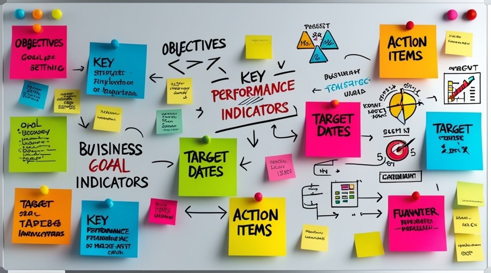 Image of a whiteboard with business planning elements, symbolizing goal-setting strategies, including key steps, examples, and tips for achieving success.