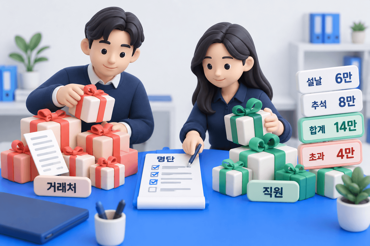 선물 상자 더미를 명단과 대조해 두 무더기로 나누는 두 사람