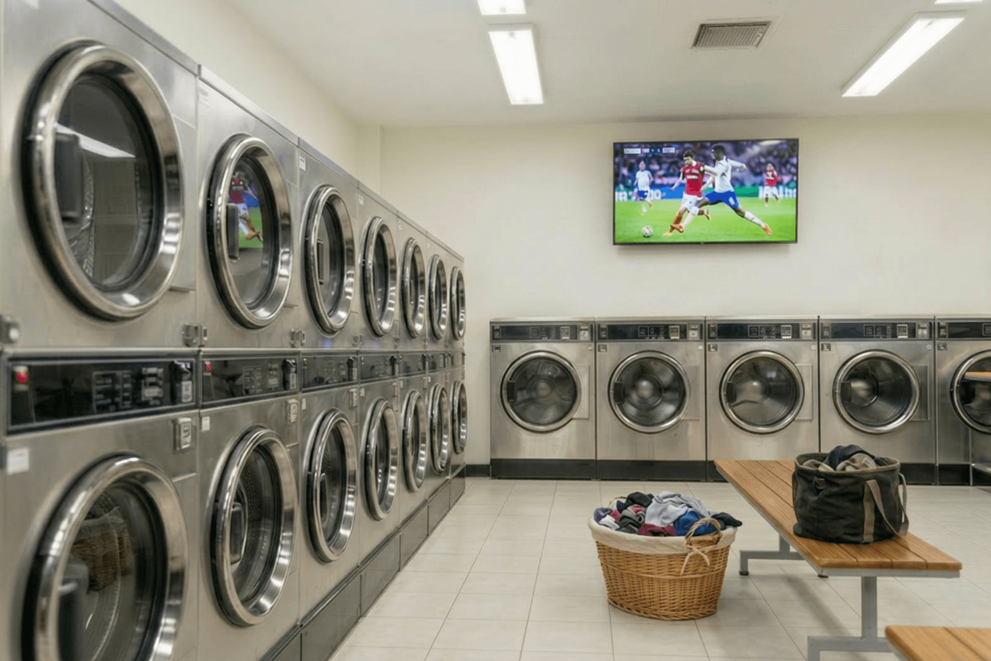 Laundromat with TV Screen displaying a soccer match and two baskets of laundry