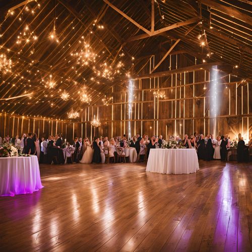 A lively wedding reception scene with guests dancing and celebrating, illuminated by vibrant colored lights casting a warm glow over the banquet hall.