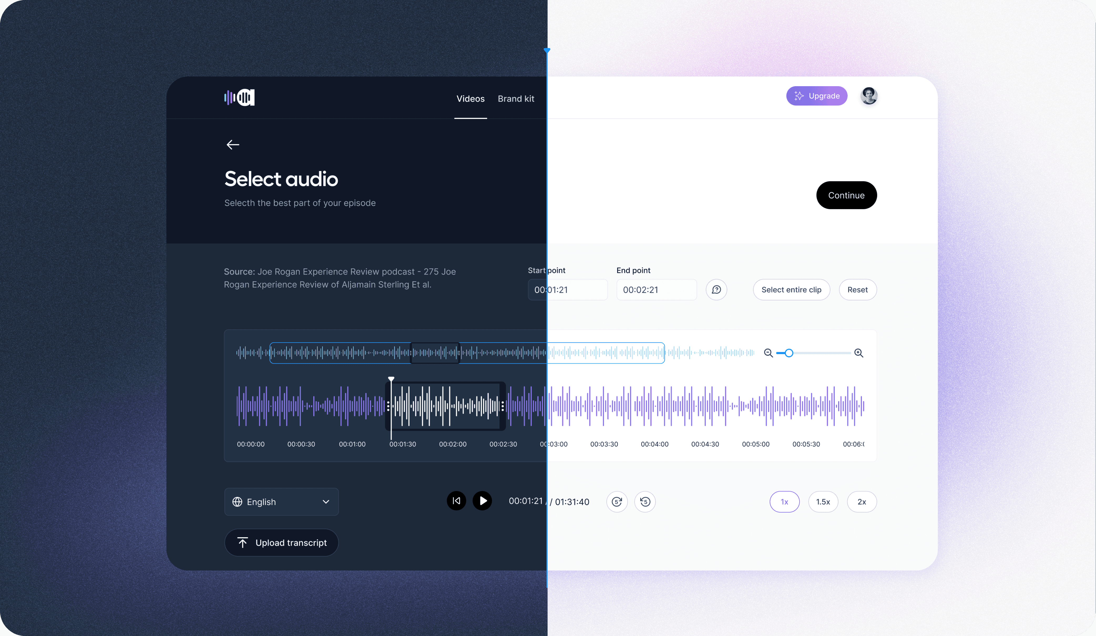 A split-screen interface showcasing the 'Select audio' feature of the Audiotease app. The left side of the screen has a dark theme, displaying audio waveform visualizations and playback controls. The right side of the screen has a light theme, featuring the same audio waveform visualizations and playback controls, along with options for selecting the entire clip or resetting the selection. Both sides show detailed time stamps and editing tools to refine the audio selection.