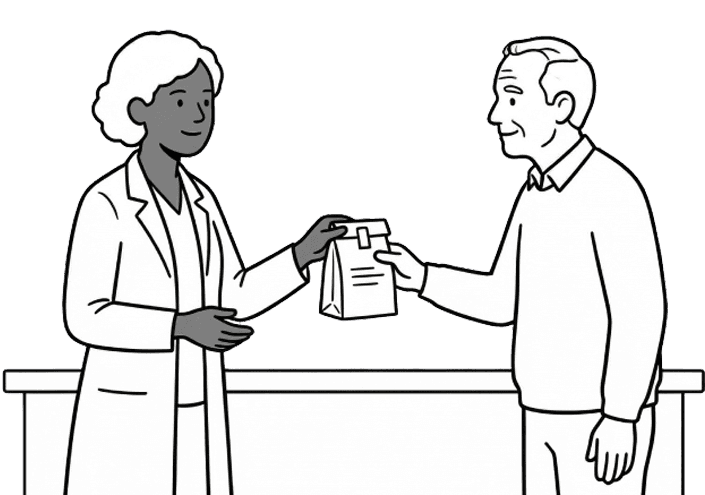 Illustration: pharmacist handing a prescription to a patient