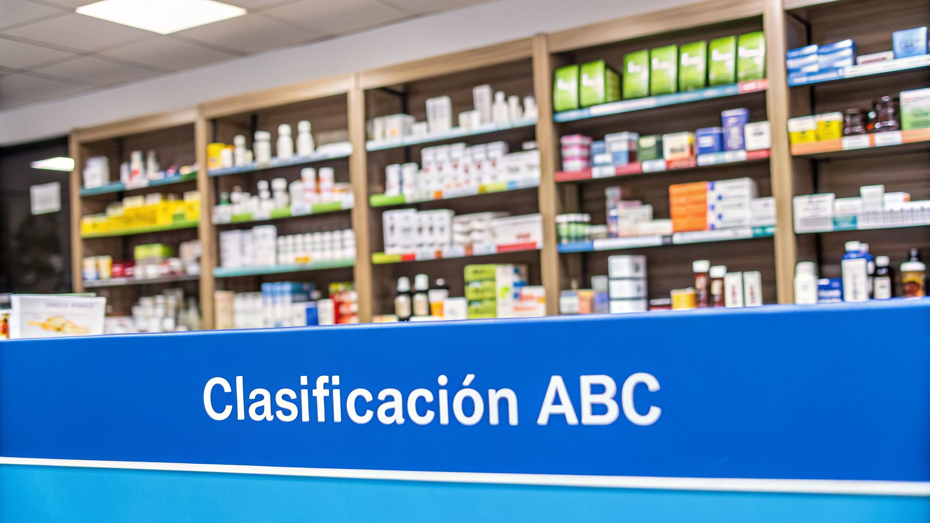 Interior de farmacia bien iluminada con estantes llenos de medicamentos y un mostrador con el cartel 'Clasificación ABC'.