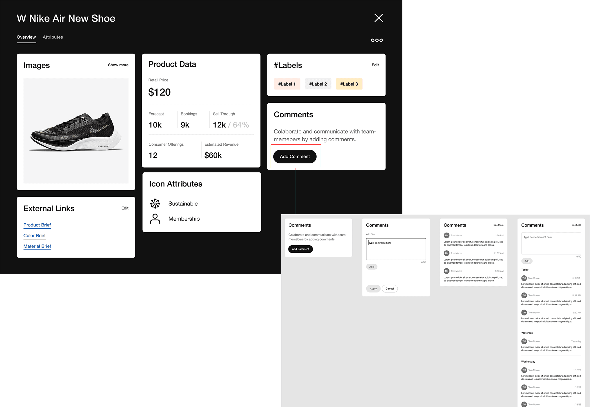 MY CONTRIBUTION — COMMENTS Through the team's initial research, three major focus areas were identified for the platform: a custom view, a list view, and a detailed product display. Within this framework, I was specifically tasked with leading the design of a commenting feature — a key functionality aimed at enabling real-time collaboration and communication directly within the PLP tool. For the implementation, I leveraged existing components from Nike's EDS (Enterprise Design System) component library to design a comment box integrated into the PLP's product detail page, ensuring consistency with Nike's broader design standards while delivering a seamless user experience.