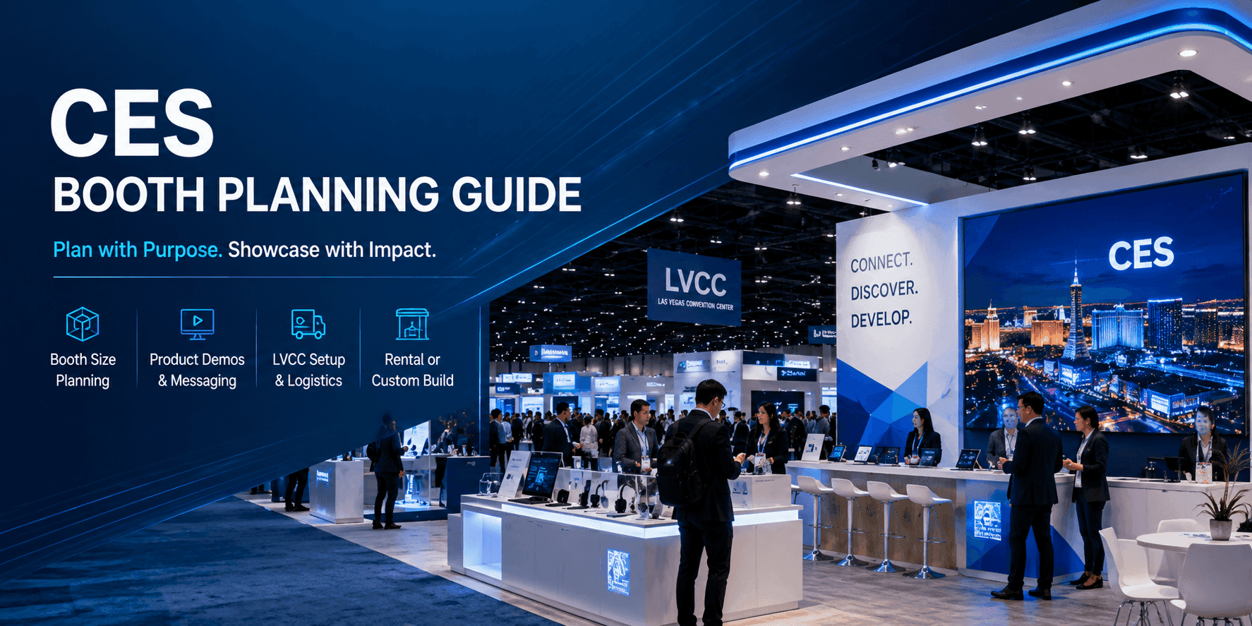 CES booth planning guide for Las Vegas exhibitors with product demo area, LVCC setup, booth size planning, and visitor flow