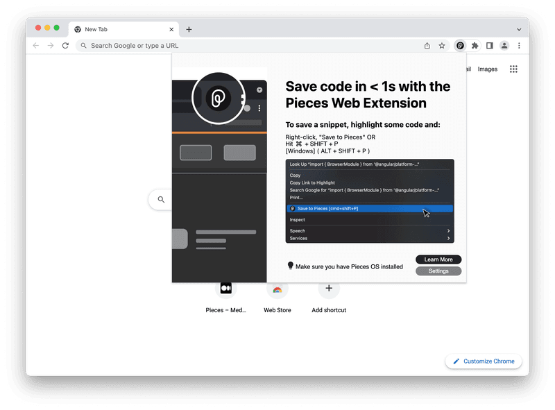 The popover menu in Pieces for Chrome.